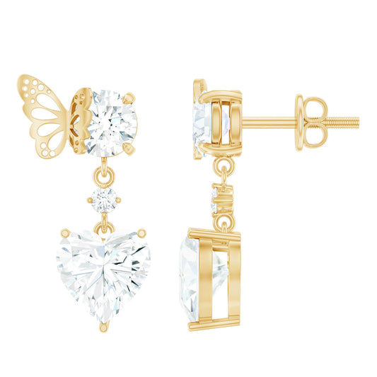 3 Carat Heart Shape Moissanite Drop Earrings with Butterfly