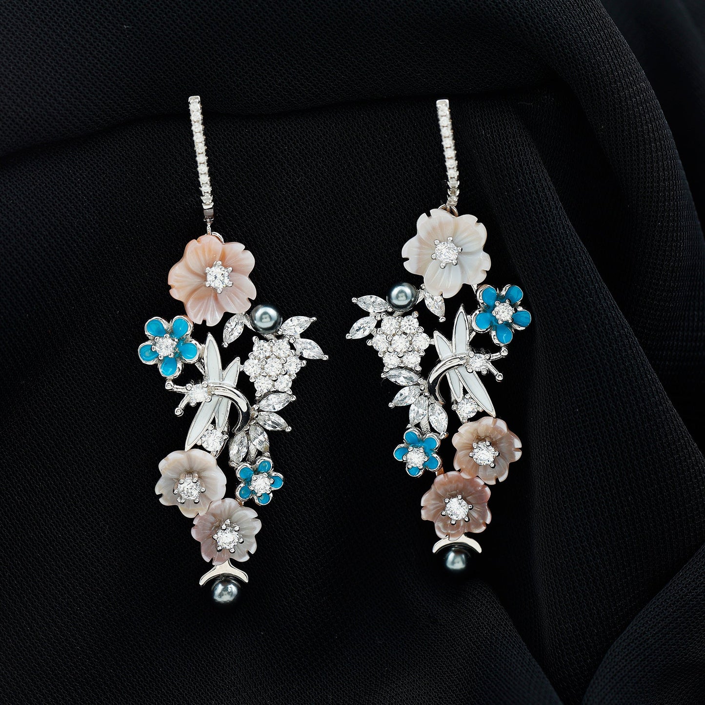 Certified Multi Gemstone Flower Dangle Earrings in Sterling Silver