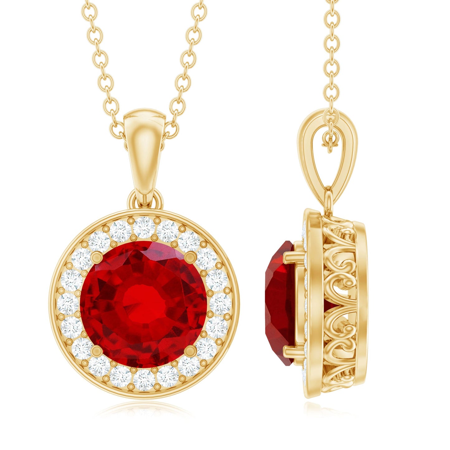2.3 Carat Round Lab Grown Ruby and Diamond Halo Necklace
