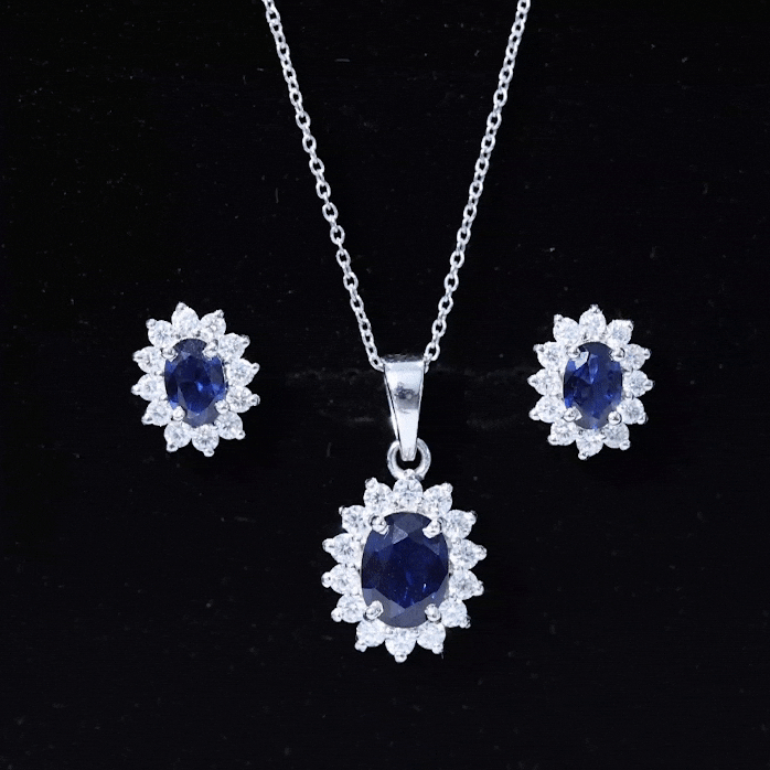 Princess Diana Inspired Lab Grown Blue Sapphire Necklace Earrings Set in Silver