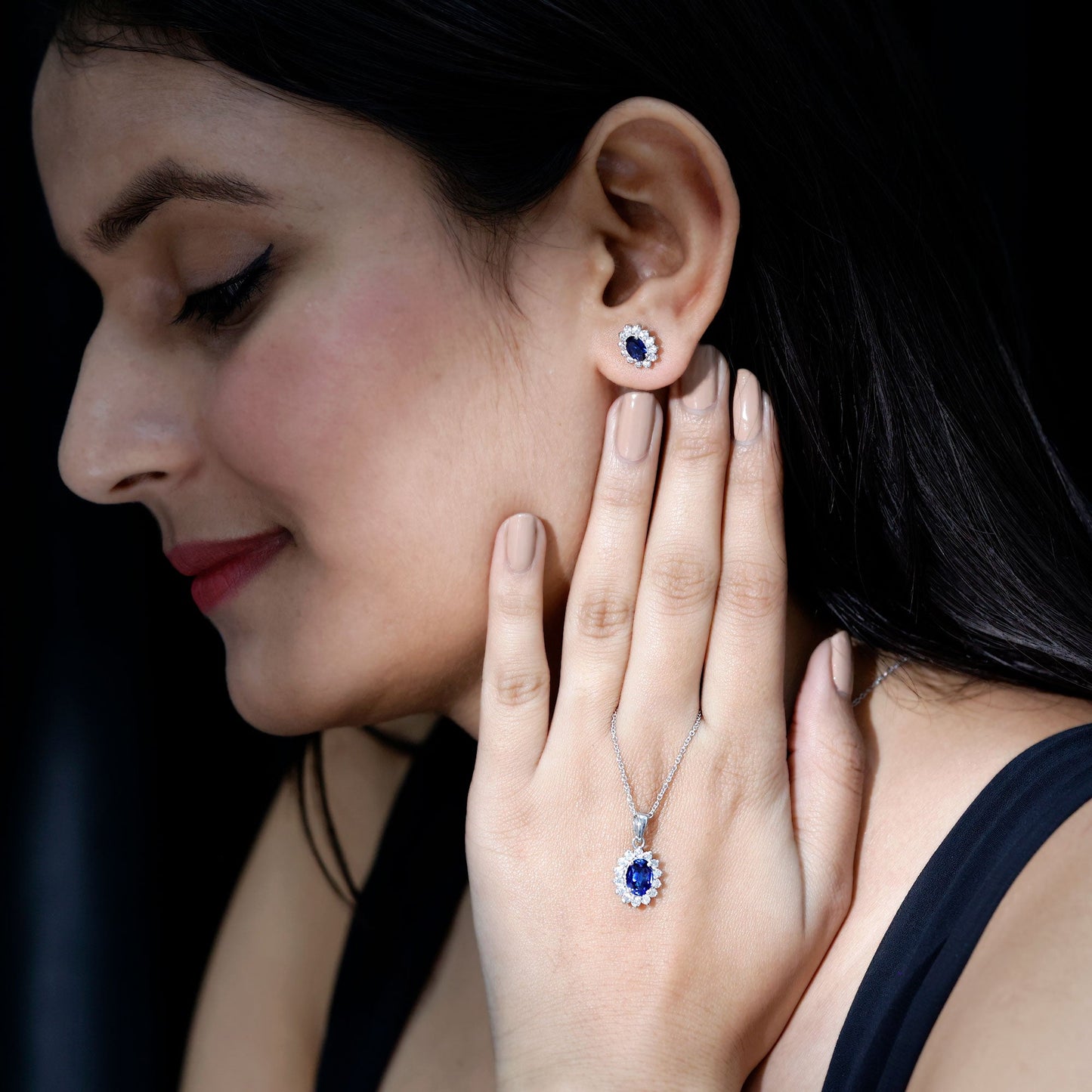 Princess Diana Inspired Lab Grown Blue Sapphire Necklace Earrings Set in Silver