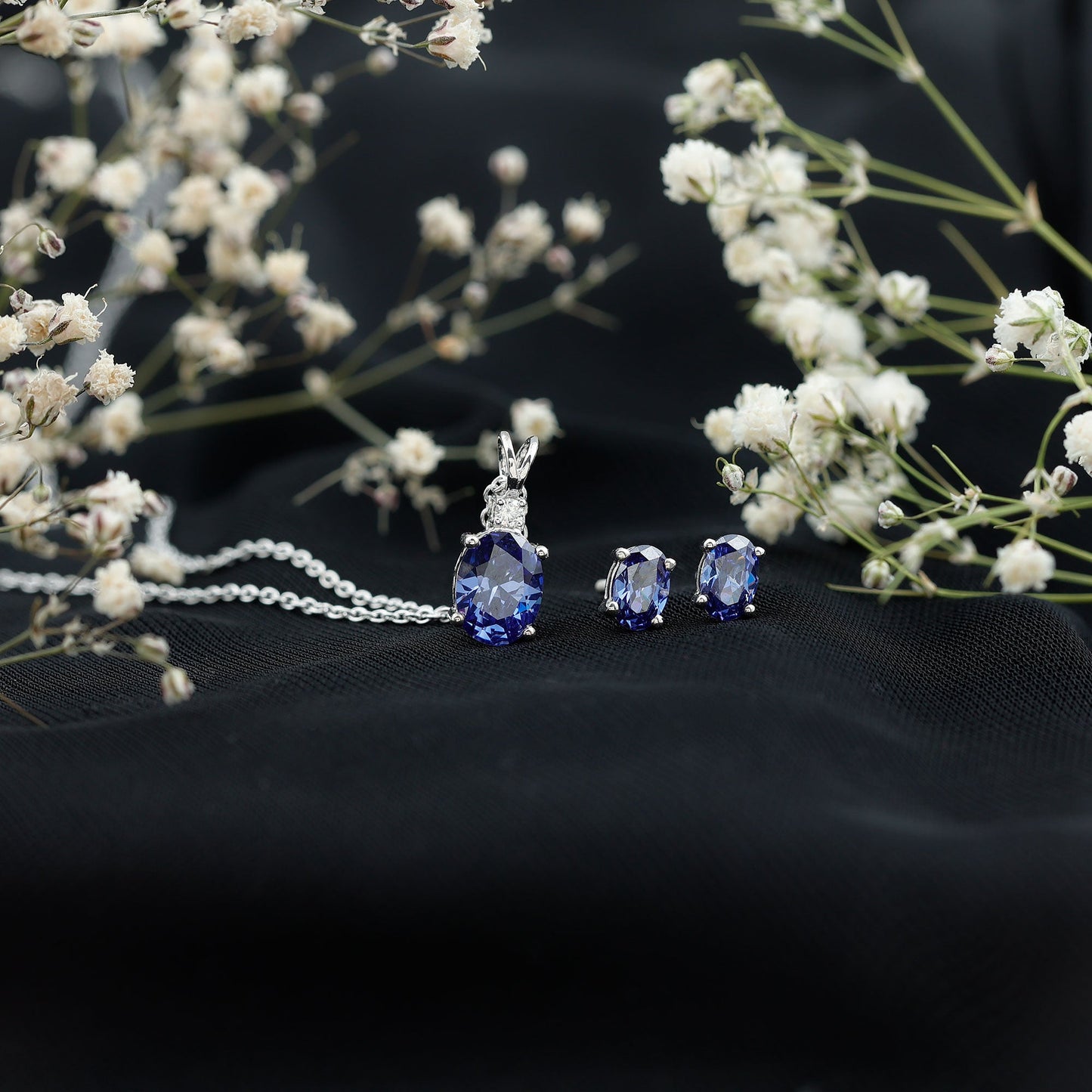 Lab Grown Blue Sapphire Solitaire Jewelry Set with Moissanite