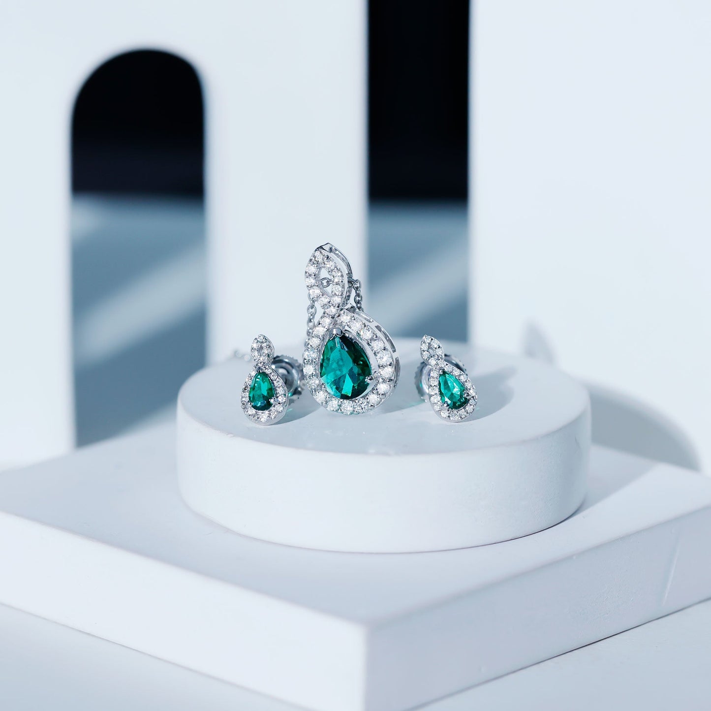 Pear Shaped Lab Created Emerald and Diamond Infinity Jewelry Set