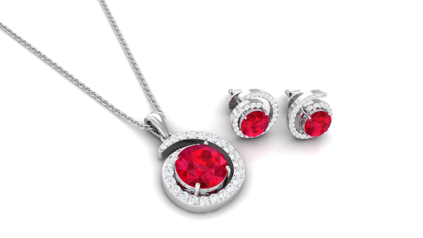 Lab Created Ruby and Moissanite Swirl Pendant and Earrings Set