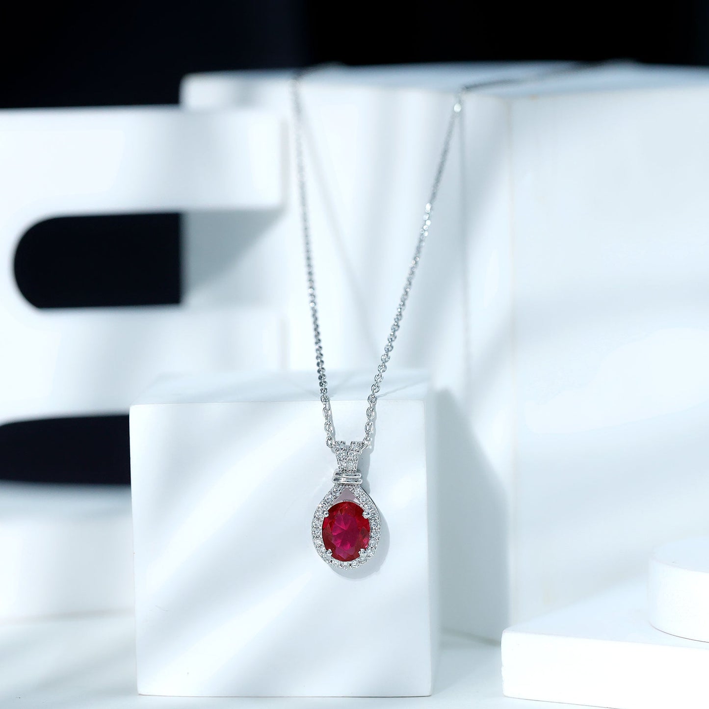 Classic Lab Grown Ruby Drop Pendant Necklace With Diamond Halo