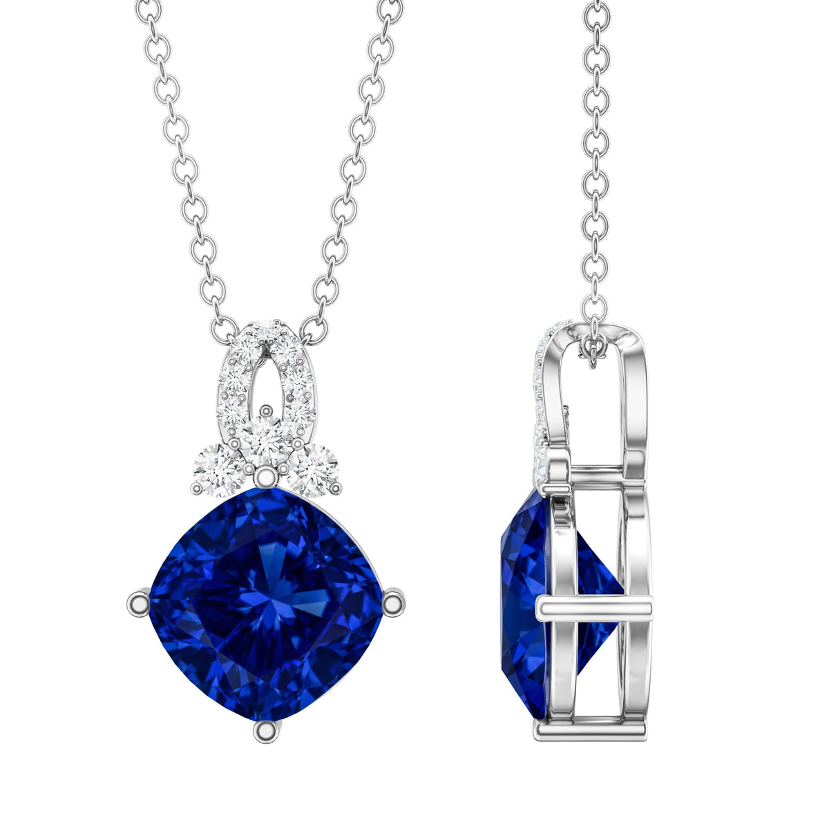Cushion Cut Lab Grown Blue Sapphire Solitaire Necklace with Diamond
