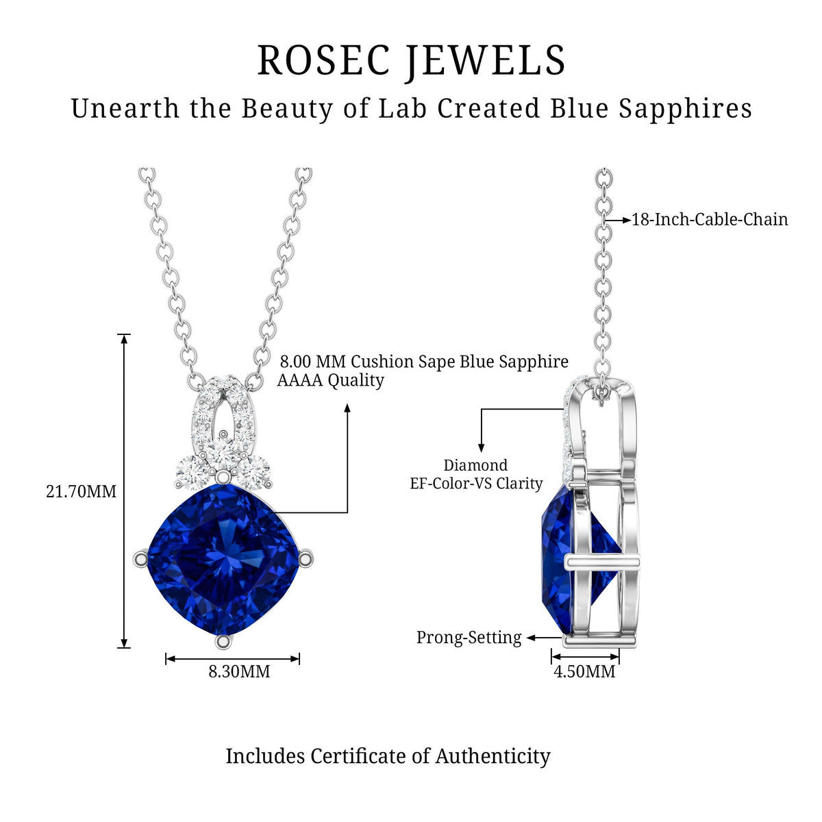 Cushion Cut Lab Grown Blue Sapphire Solitaire Necklace with Diamond