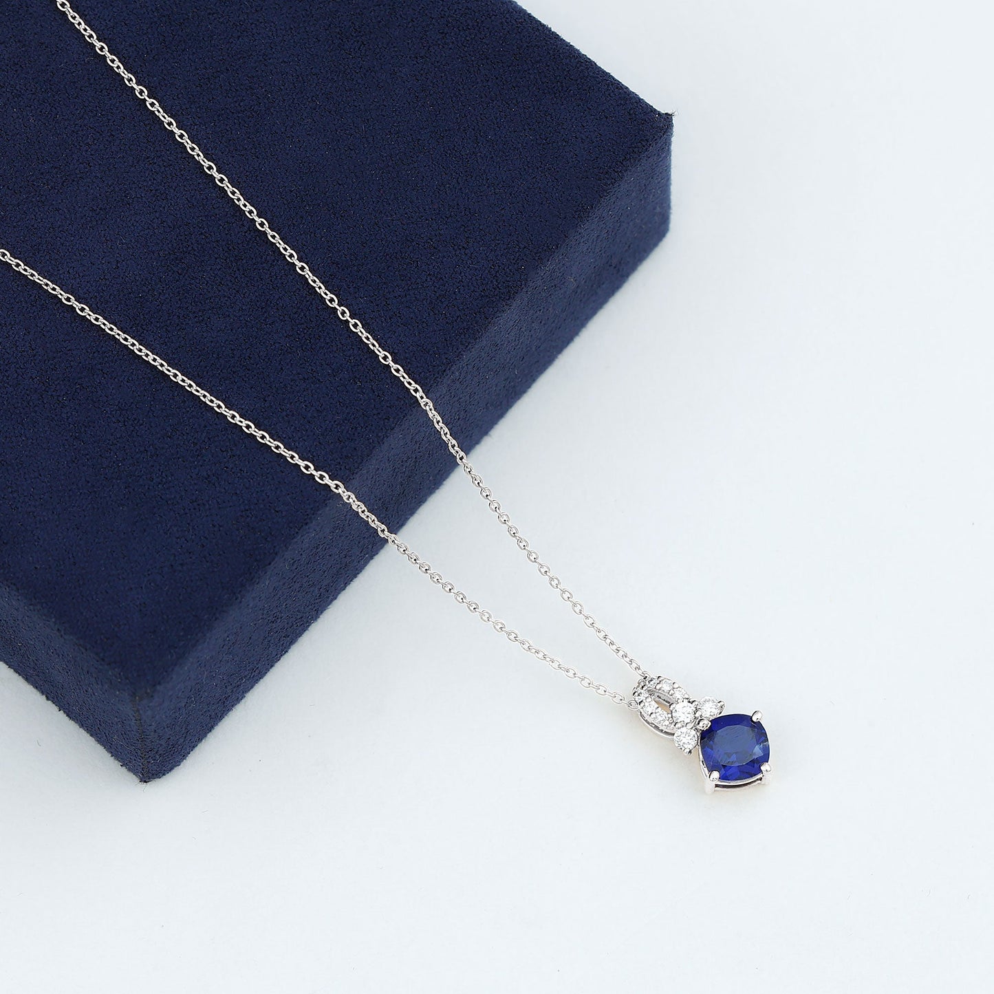Cushion Cut Lab Grown Blue Sapphire Solitaire Necklace with Diamond