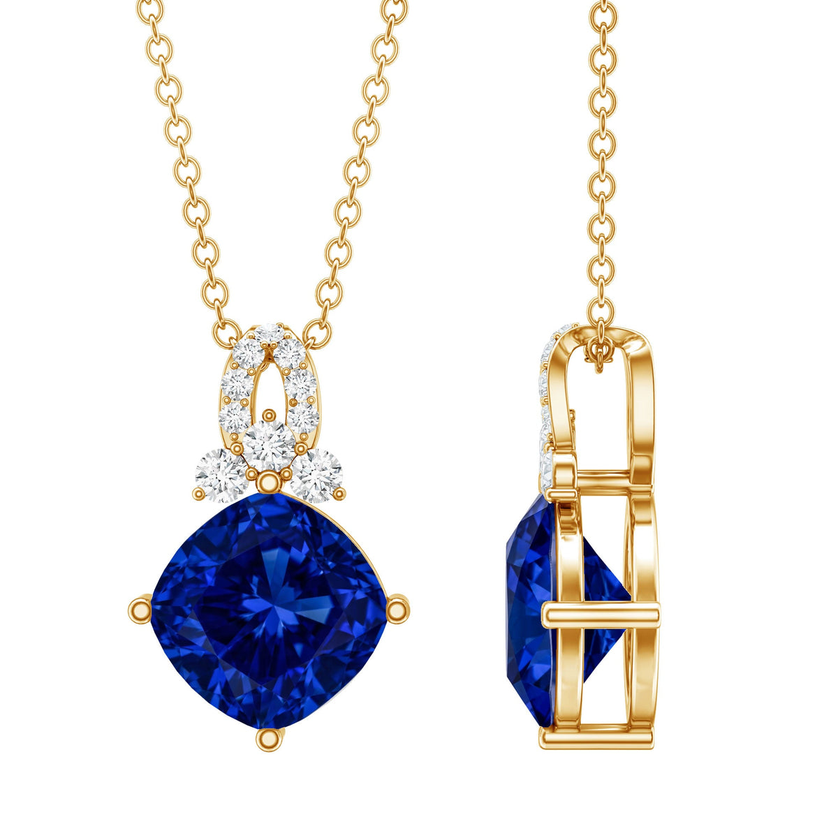 Cushion Cut Lab Grown Blue Sapphire Solitaire Necklace with Diamond