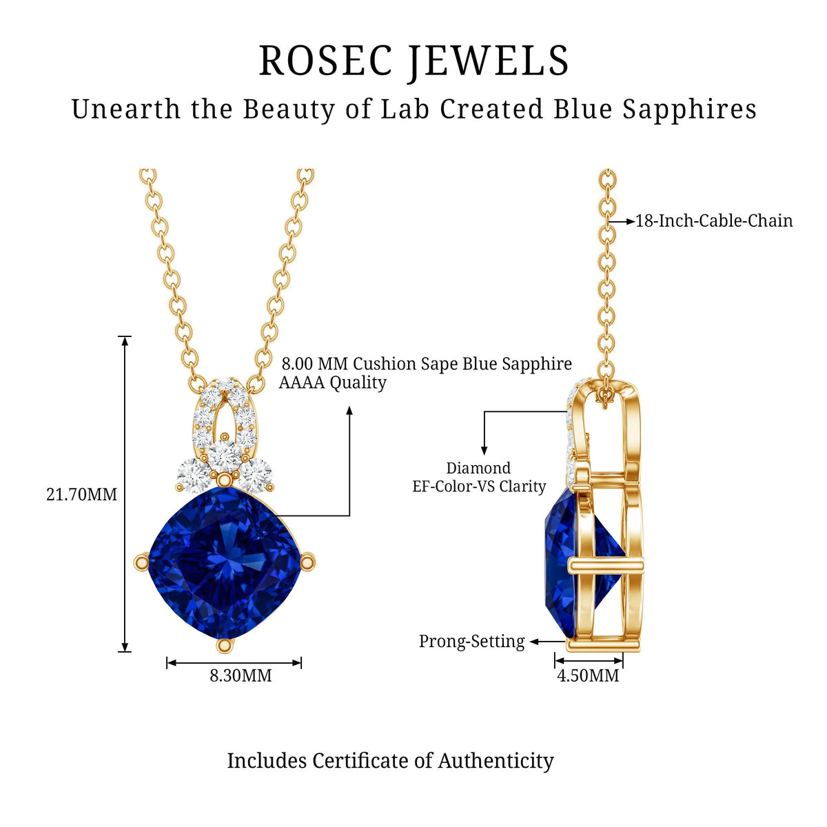 Cushion Cut Lab Grown Blue Sapphire Solitaire Necklace with Diamond