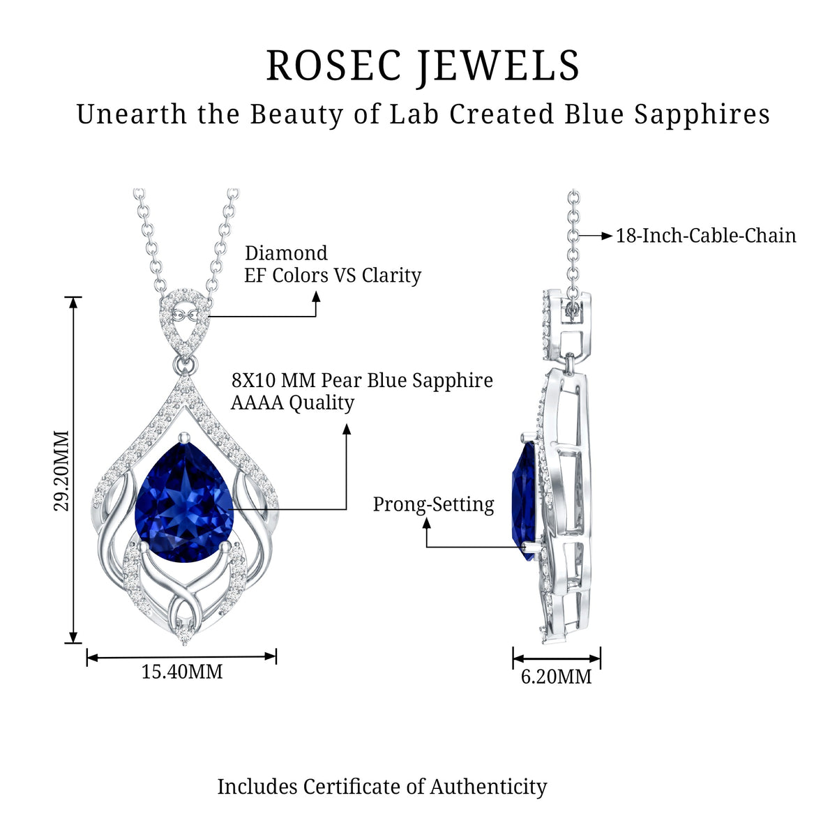 Certified Lab Grown Blue Sapphire Designer Necklace with Diamond Accent