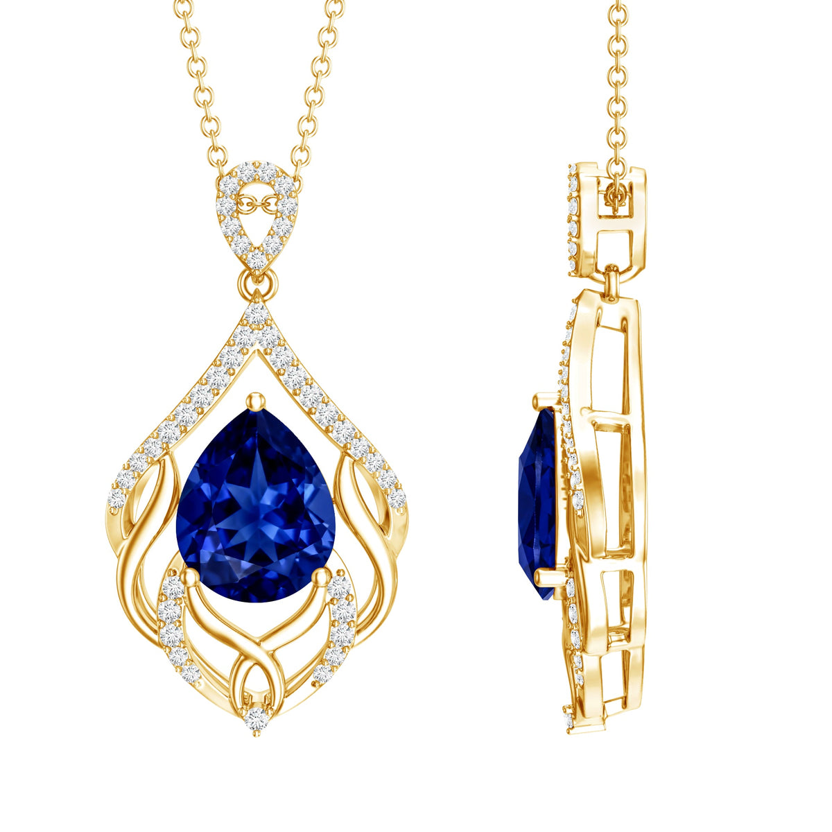 Certified Lab Grown Blue Sapphire Designer Necklace with Diamond Accent
