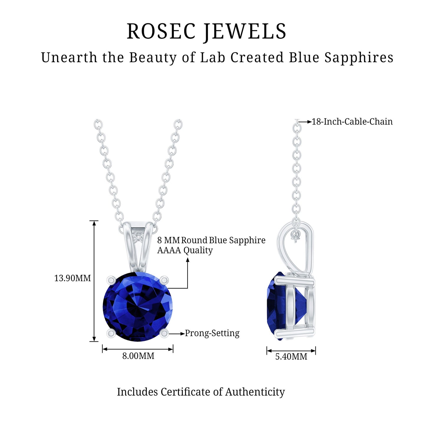 Certified 2.7 Carat Lab Blue Sapphire Solitaire Necklace With Silver Chain
