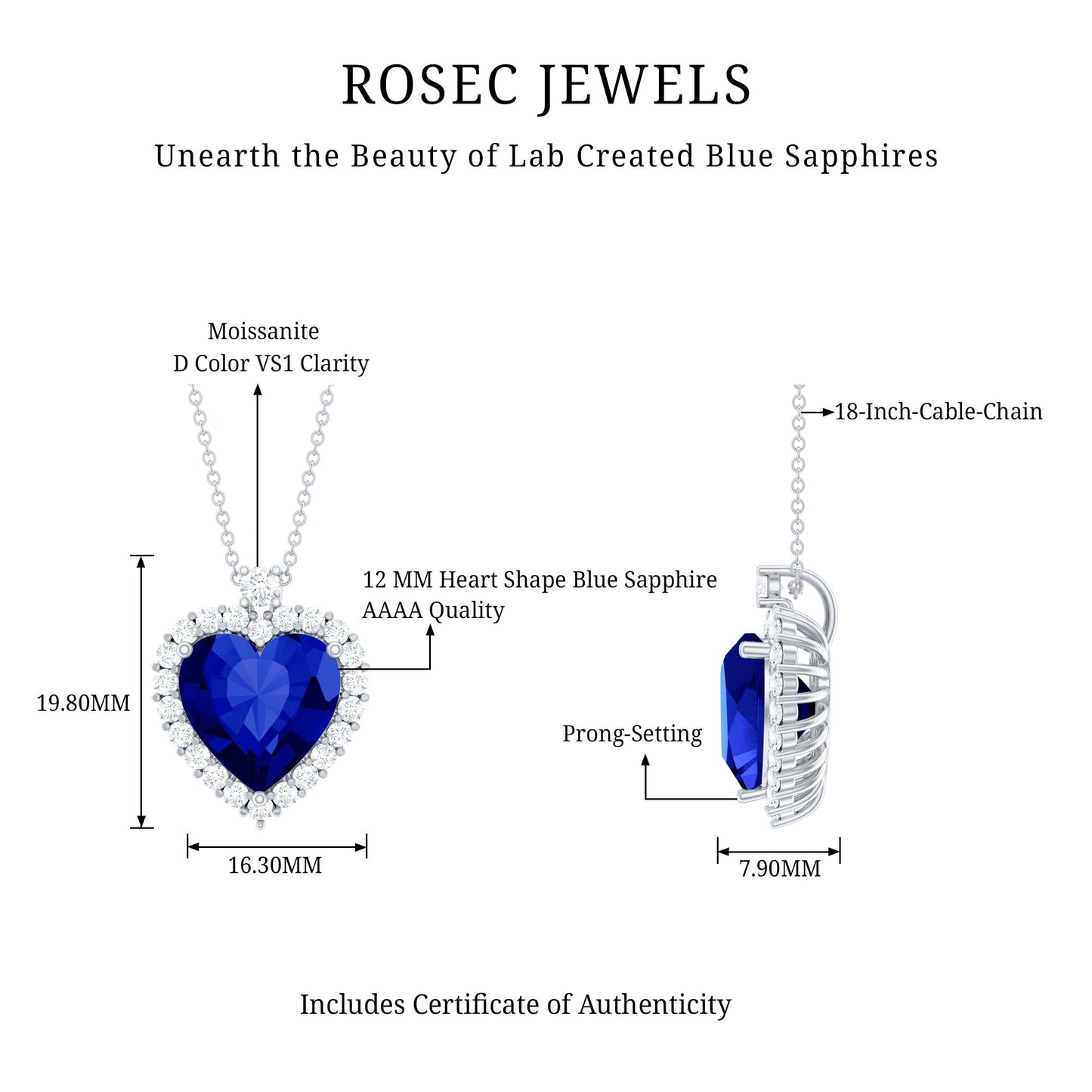 5.6 Carat Lab Grown Blue Sapphire Heart of The Ocean Necklace With Chain