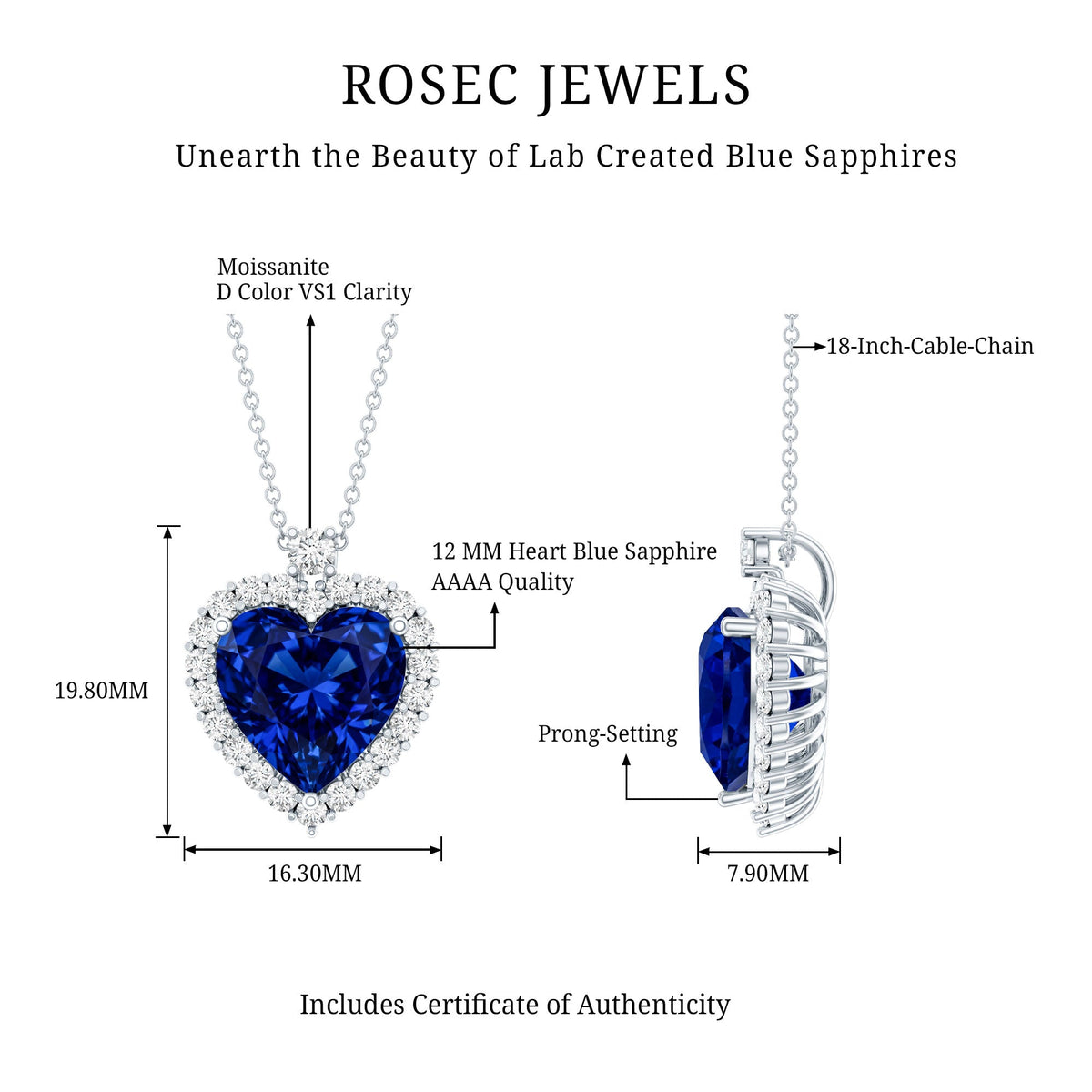 Lab Grown Blue Sapphire Heart of the Ocean Necklace