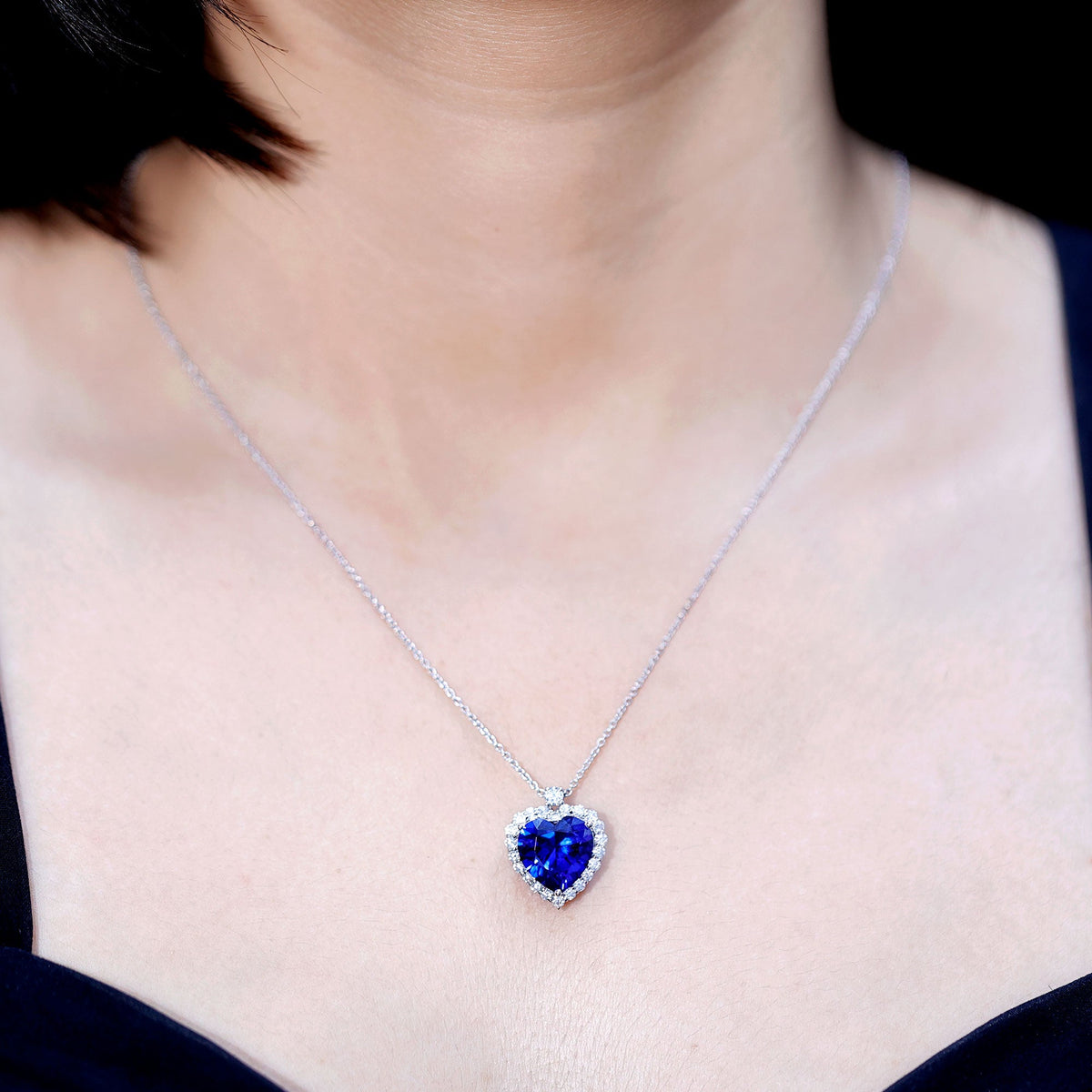 Lab Grown Blue Sapphire Heart of the Ocean Necklace