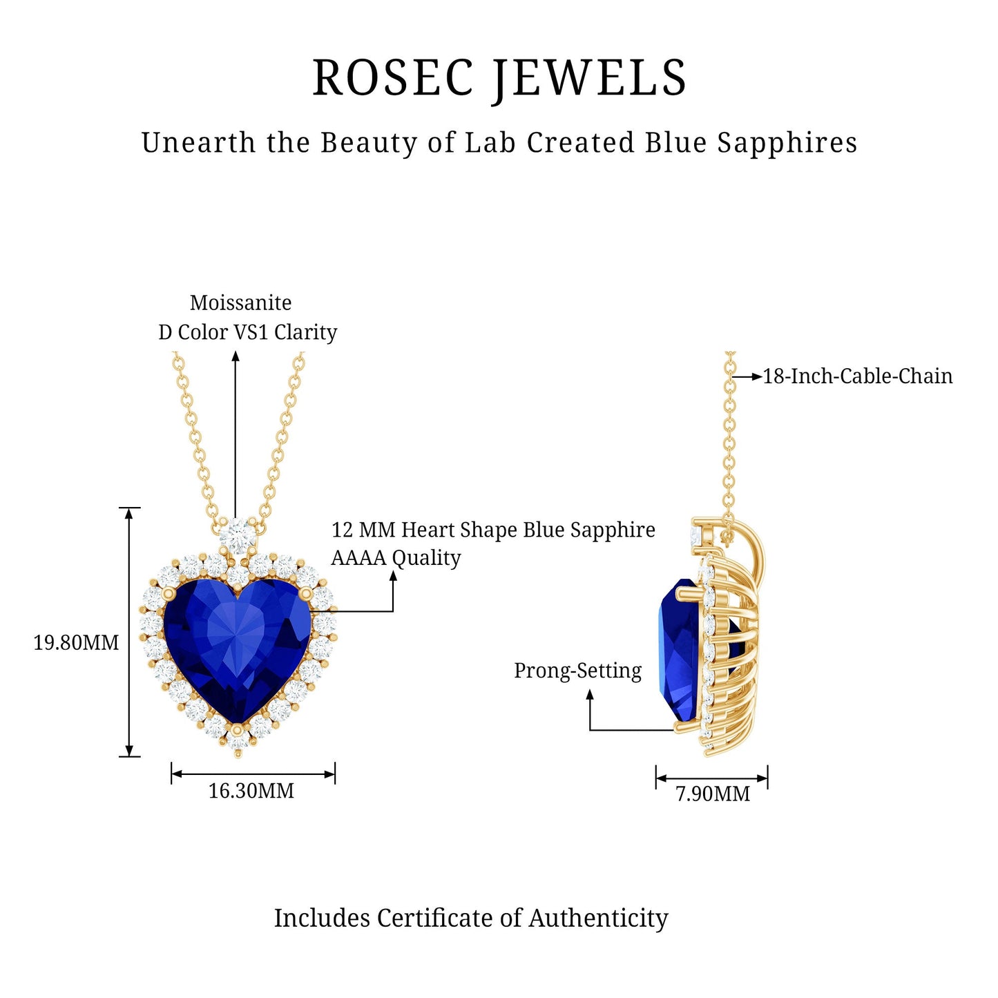Lab Grown Blue Sapphire Heart of the Ocean Necklace