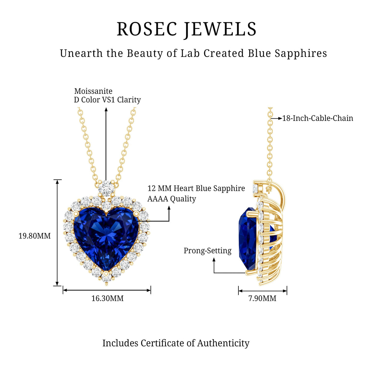 Lab Grown Blue Sapphire Heart of the Ocean Necklace