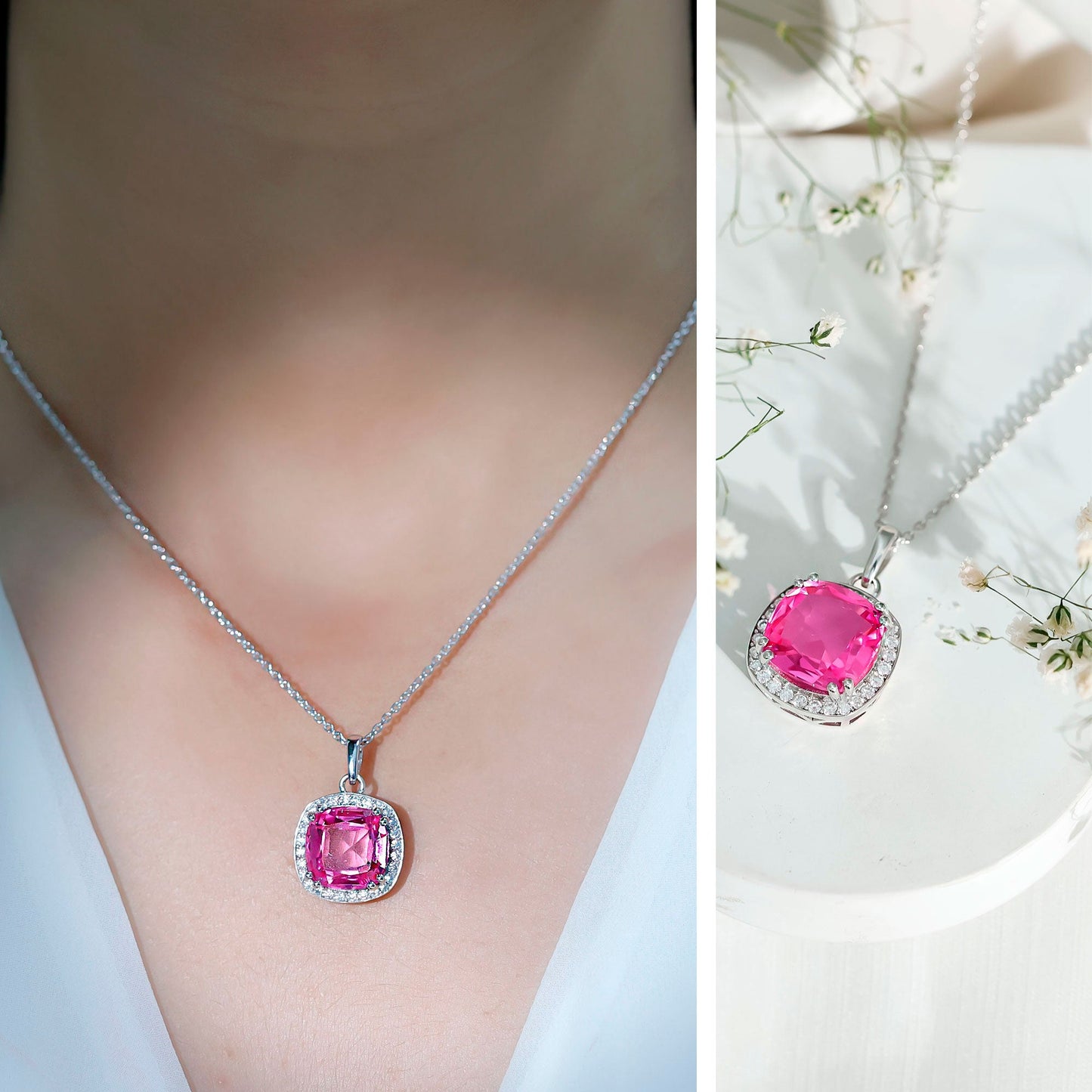 6 Carat Lab Grown Pink Sapphire Cocktail Necklace With Silver Chain