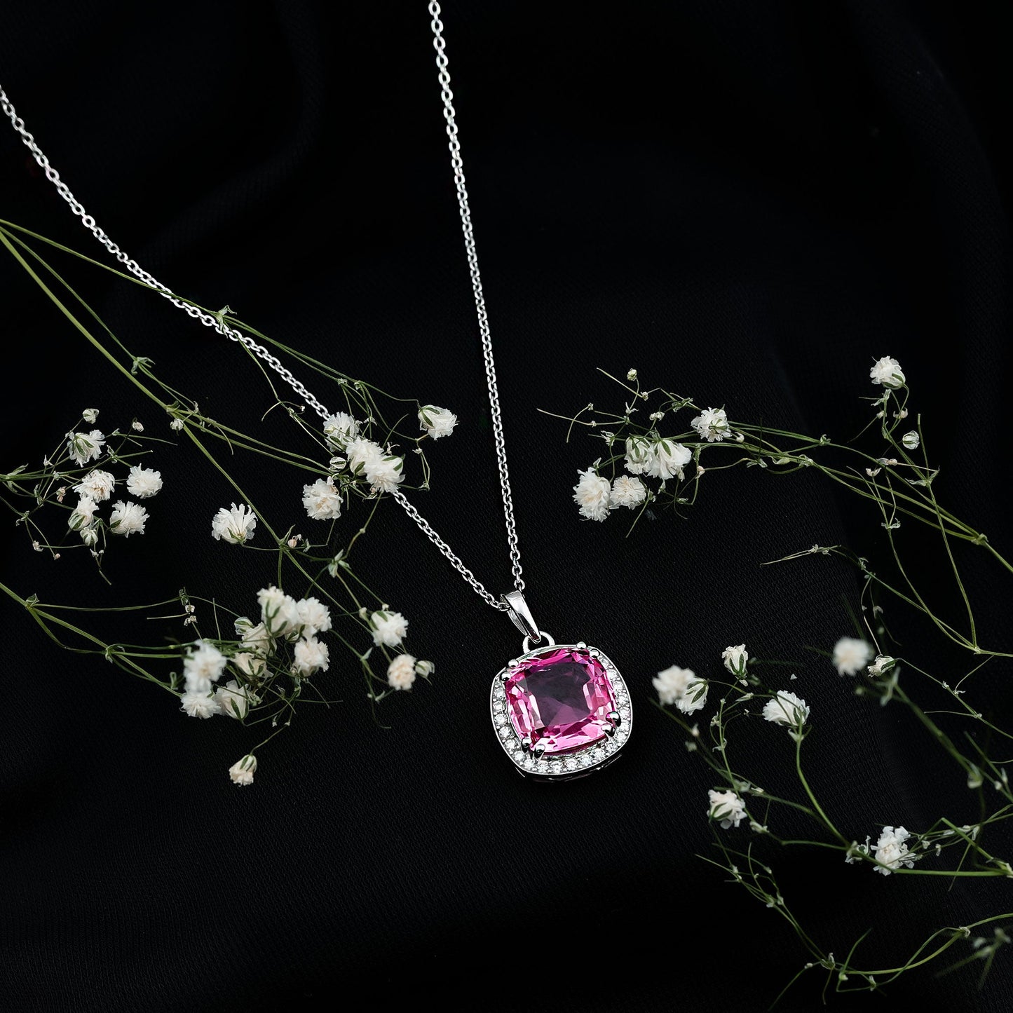 6 Carat Lab Grown Pink Sapphire Cocktail Necklace With Silver Chain