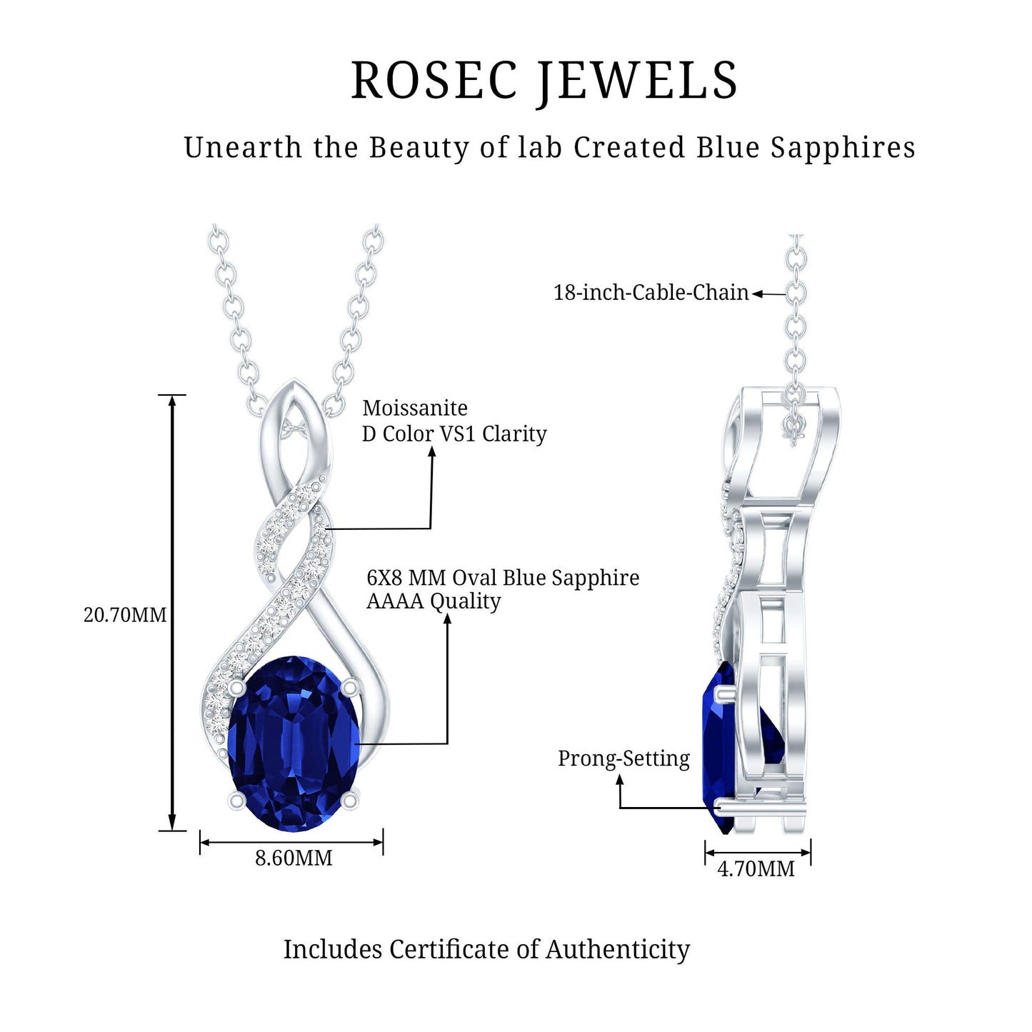 Lab Grown 1.5 Carat Blue Sapphire Infinity Pendant Necklace with Silver Chain