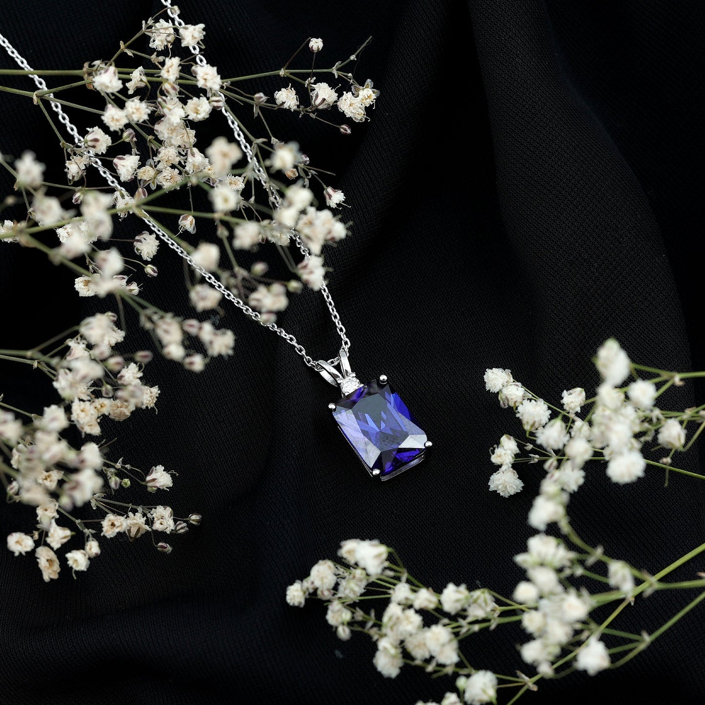9 Carat Emerald Cut Lab Grown Blue Sapphire Solitaire Necklace With Silver Chain