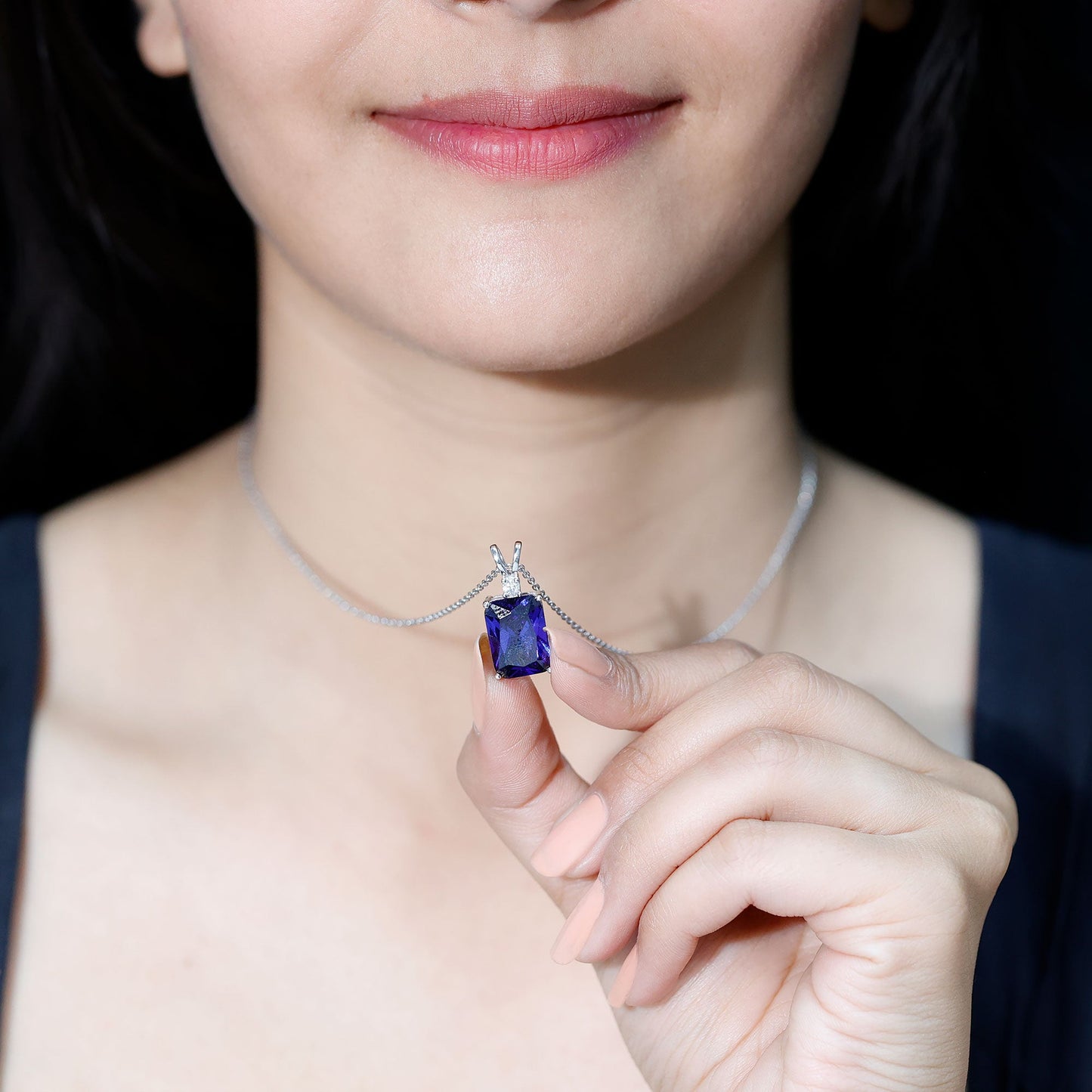 9 Carat Emerald Cut Lab Grown Blue Sapphire Solitaire Necklace With Silver Chain