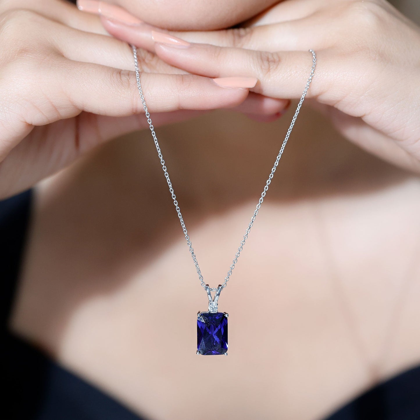 9 Carat Emerald Cut Lab Grown Blue Sapphire Solitaire Necklace With Silver Chain
