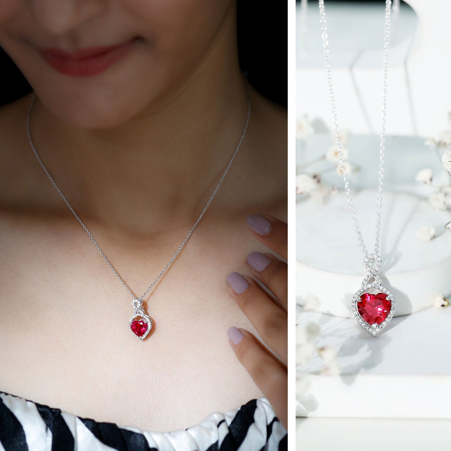 AAAA Quality 2 Carat Lab Grown Ruby Heart Infinity Necklace with Silver Chain