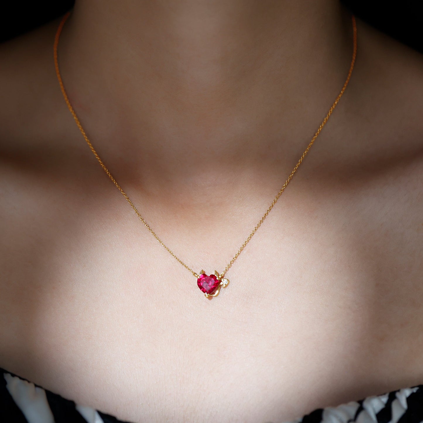 Lab Grown Ruby Devil Heart Necklace with Diamond