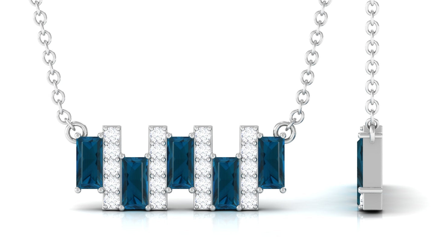 Baguette Cut London Blue Topaz and Diamond Bar Necklace