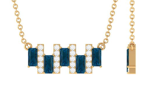 Baguette Cut London Blue Topaz and Diamond Bar Necklace