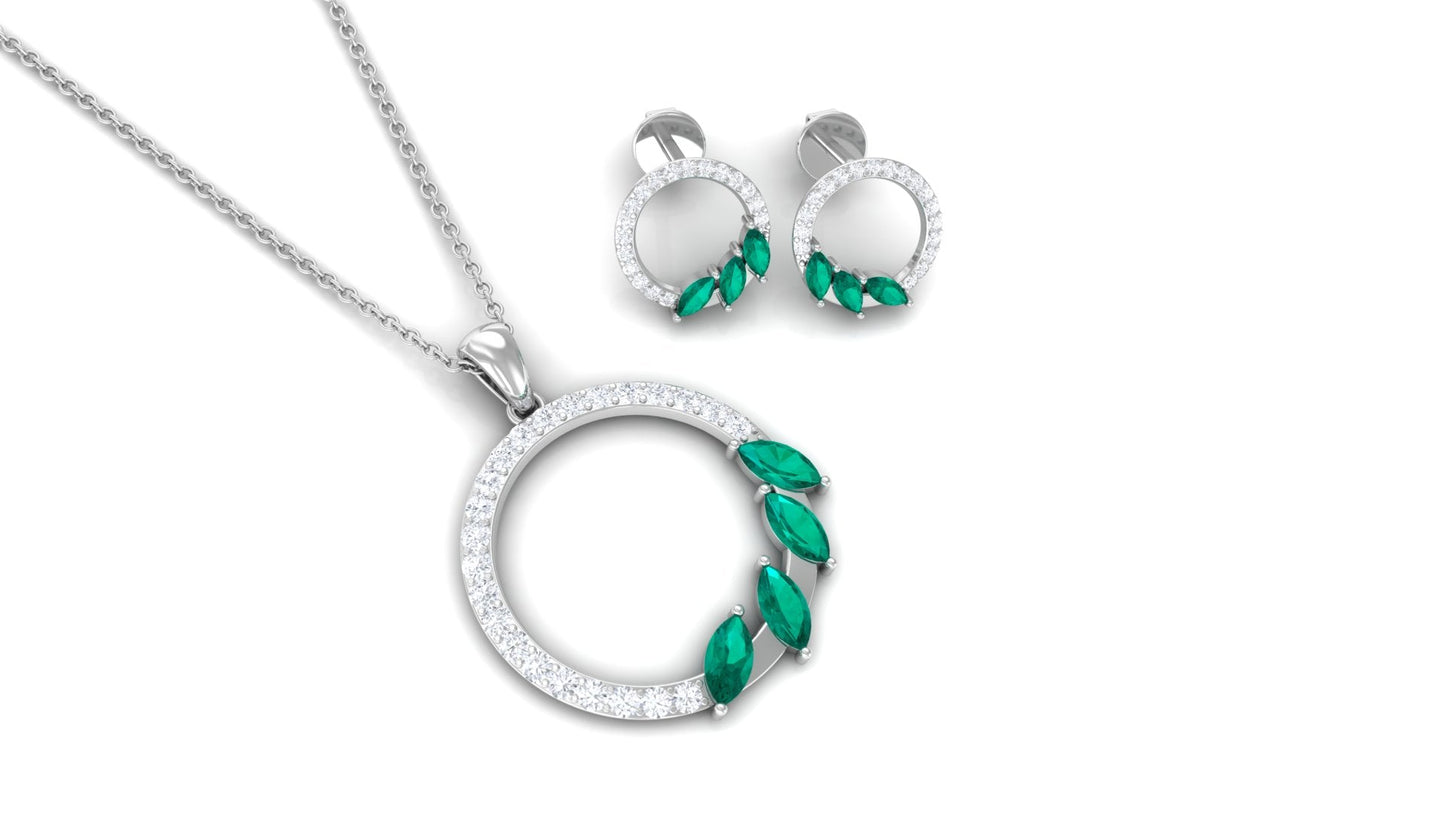 Natural Emerald Circle Necklace and Earrings Set with Diamond