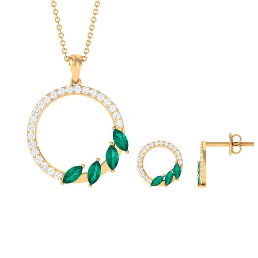 Natural Emerald Circle Necklace and Earrings Set with Diamond