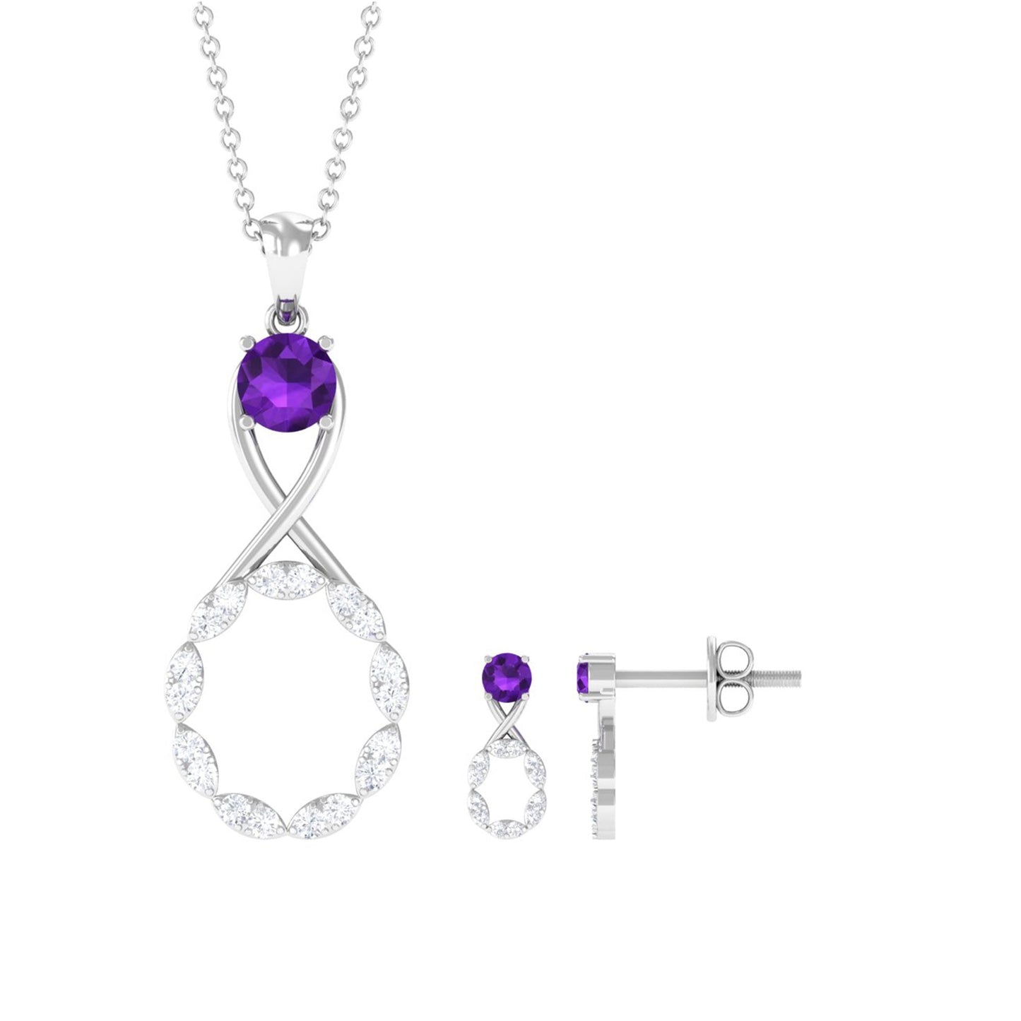 Natural Amethyst Diamond Infinity Necklace and Earrings Set