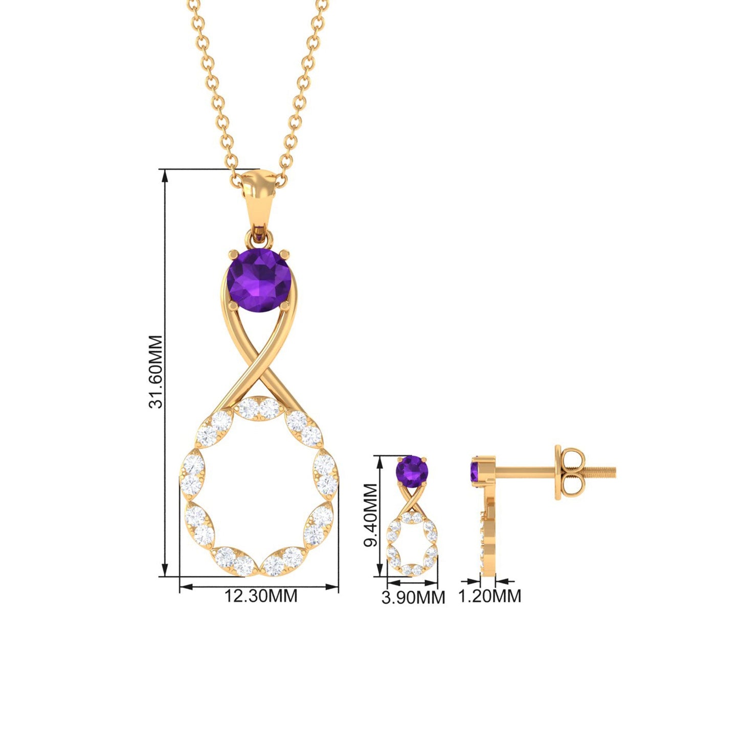 Natural Amethyst Diamond Infinity Necklace and Earrings Set