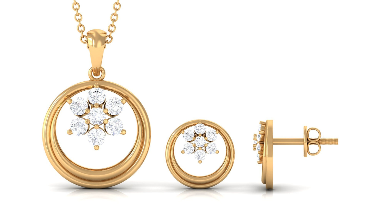 Real Diamond Floral Pendant Necklace and Stud Earring Set