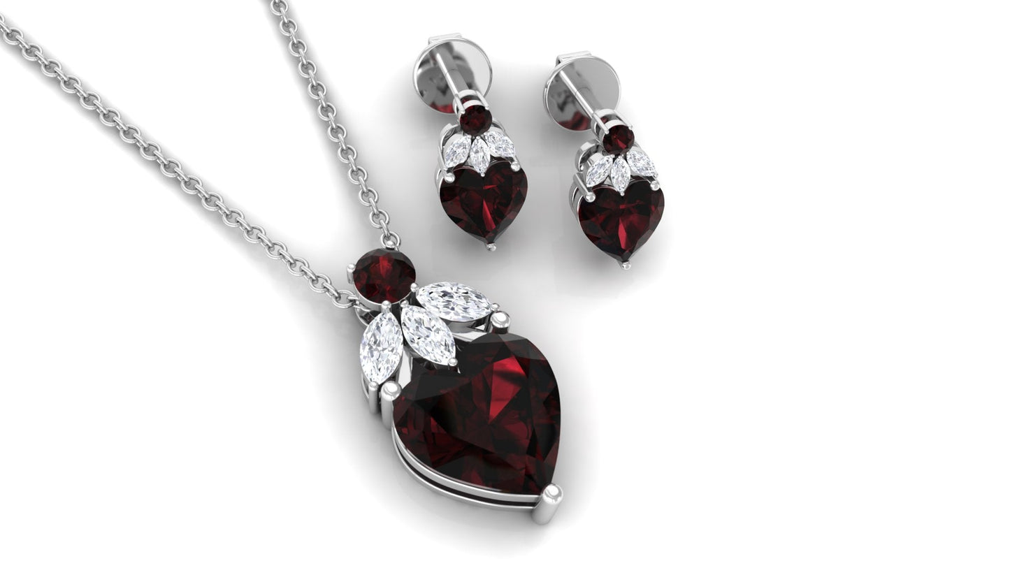 Heart Garnet Necklace and Earrings Set with Diamond