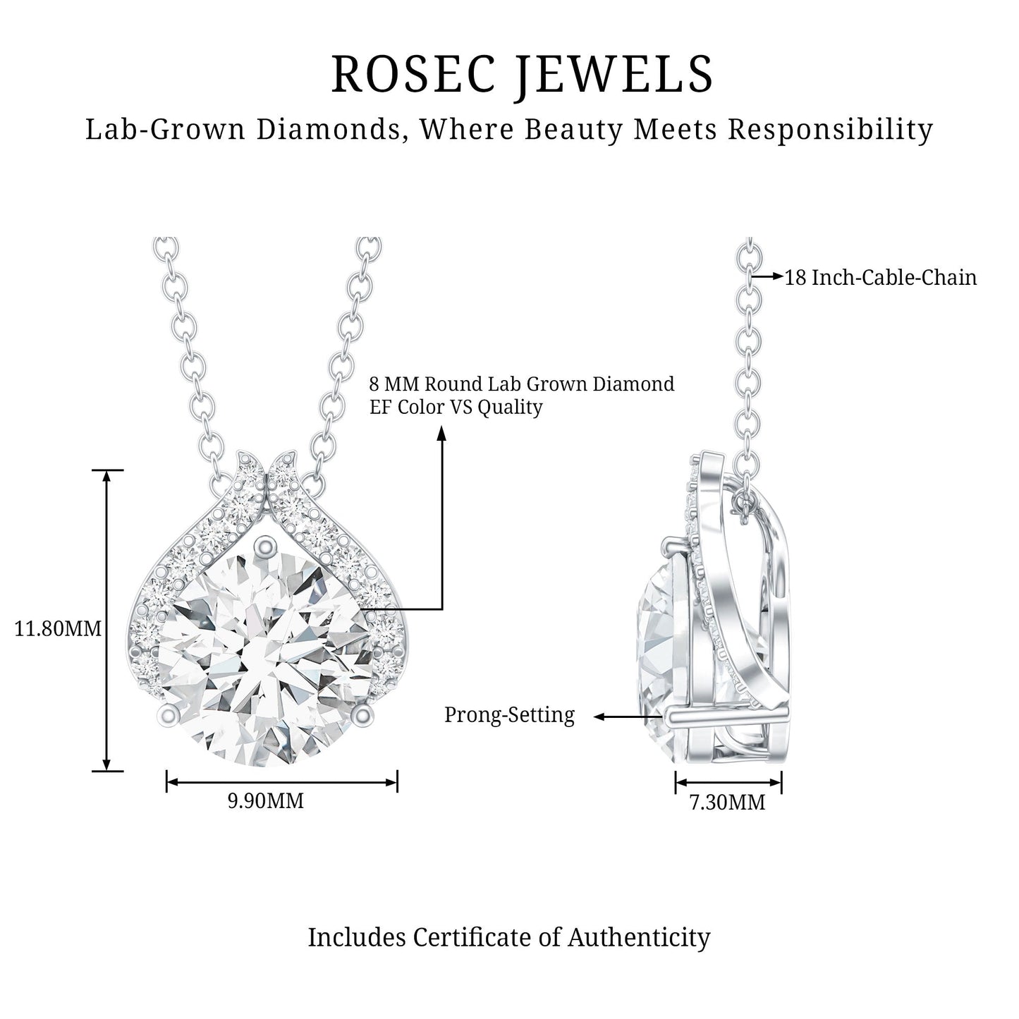 Certified 2 Carat Round Lab Grown Diamond Bridal Necklace