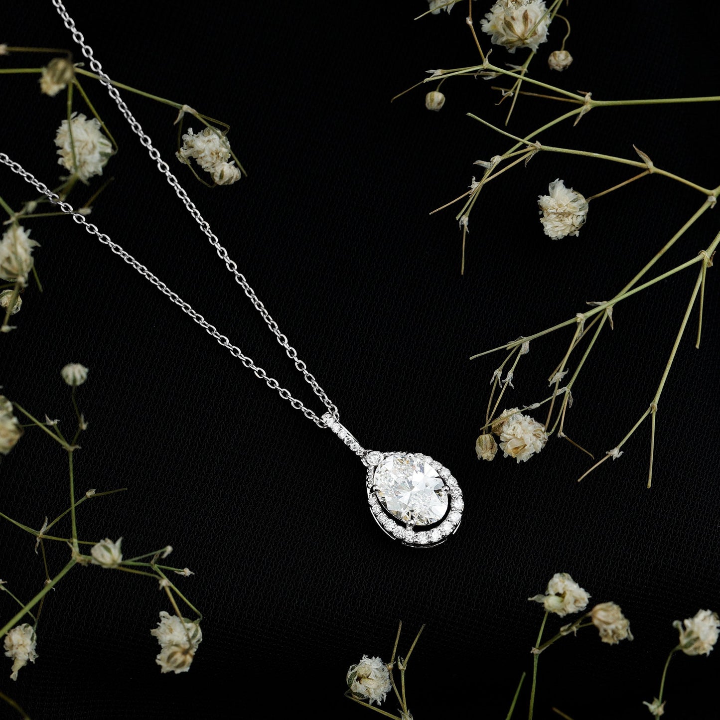 1 Carat Oval Lab Grown Diamond Teardrop Halo Necklace For Women