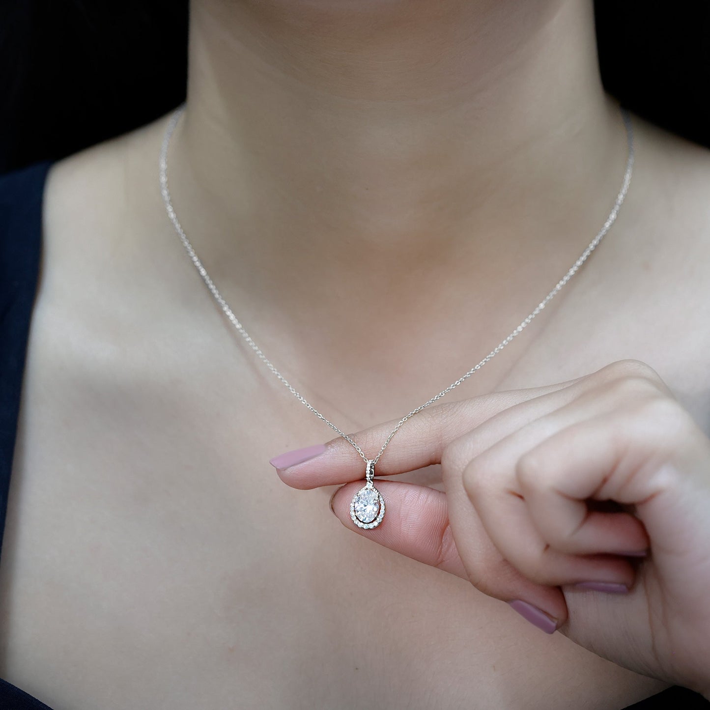 1 Carat Oval Lab Grown Diamond Teardrop Halo Necklace For Women