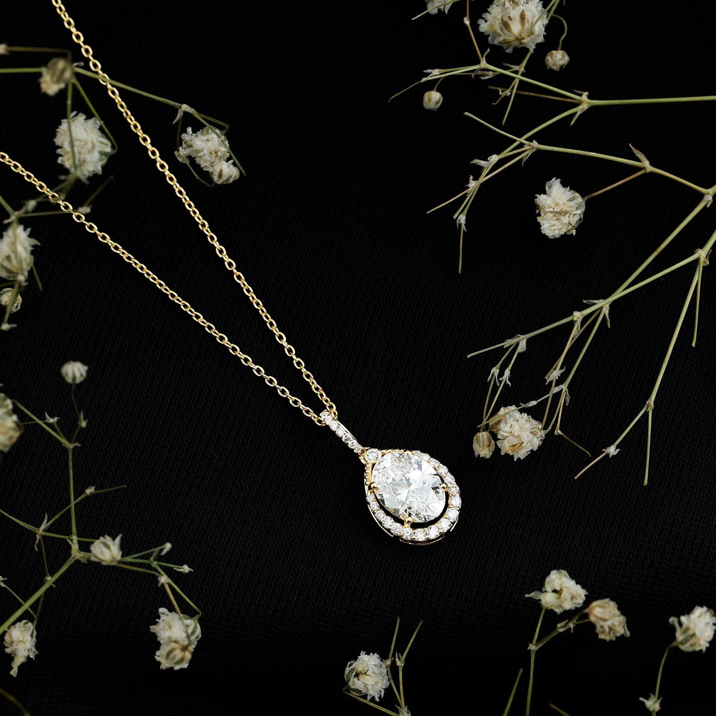 1 Carat Oval Lab Grown Diamond Teardrop Halo Necklace For Women