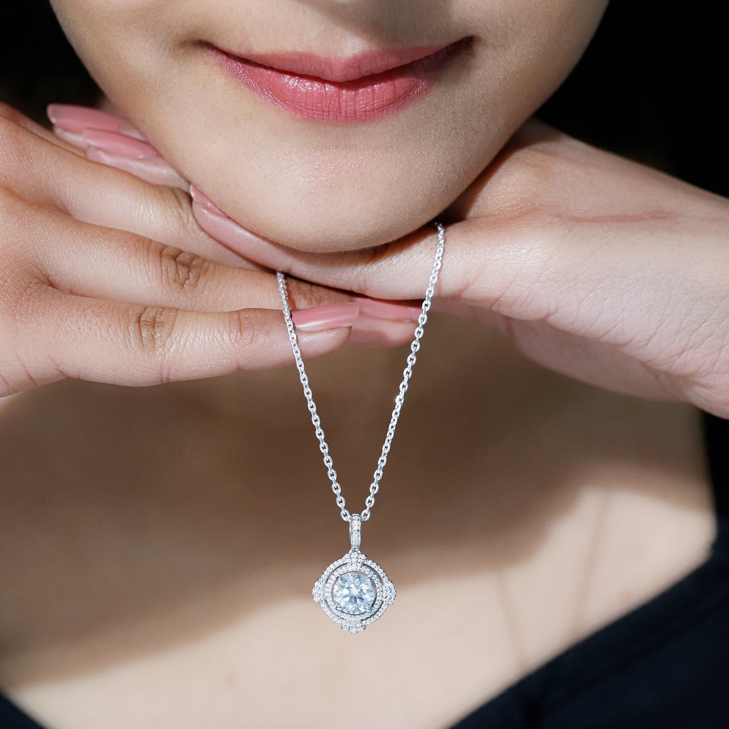 2 Carat Lab Grown Diamond Double Halo Necklace With Decorated Bail