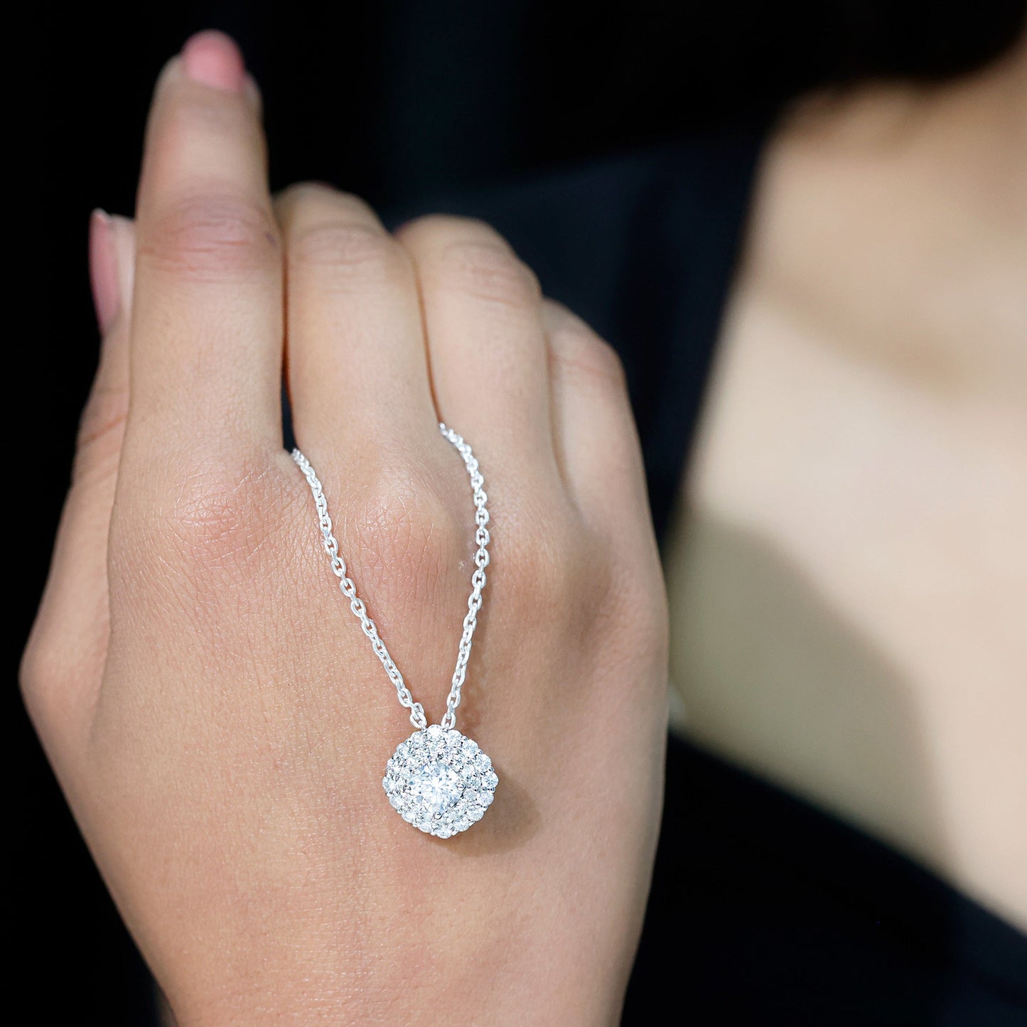 Lab Grown Round Diamond Double Halo Bridal Necklace With Accent