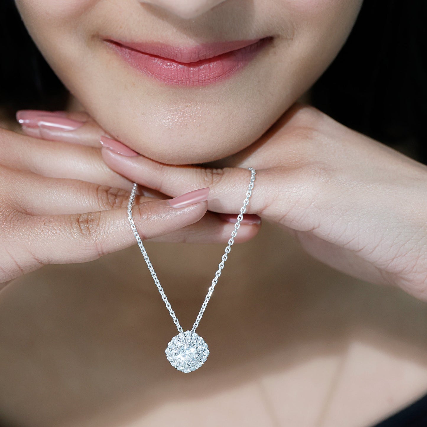 Lab Grown Round Diamond Double Halo Bridal Necklace With Accent