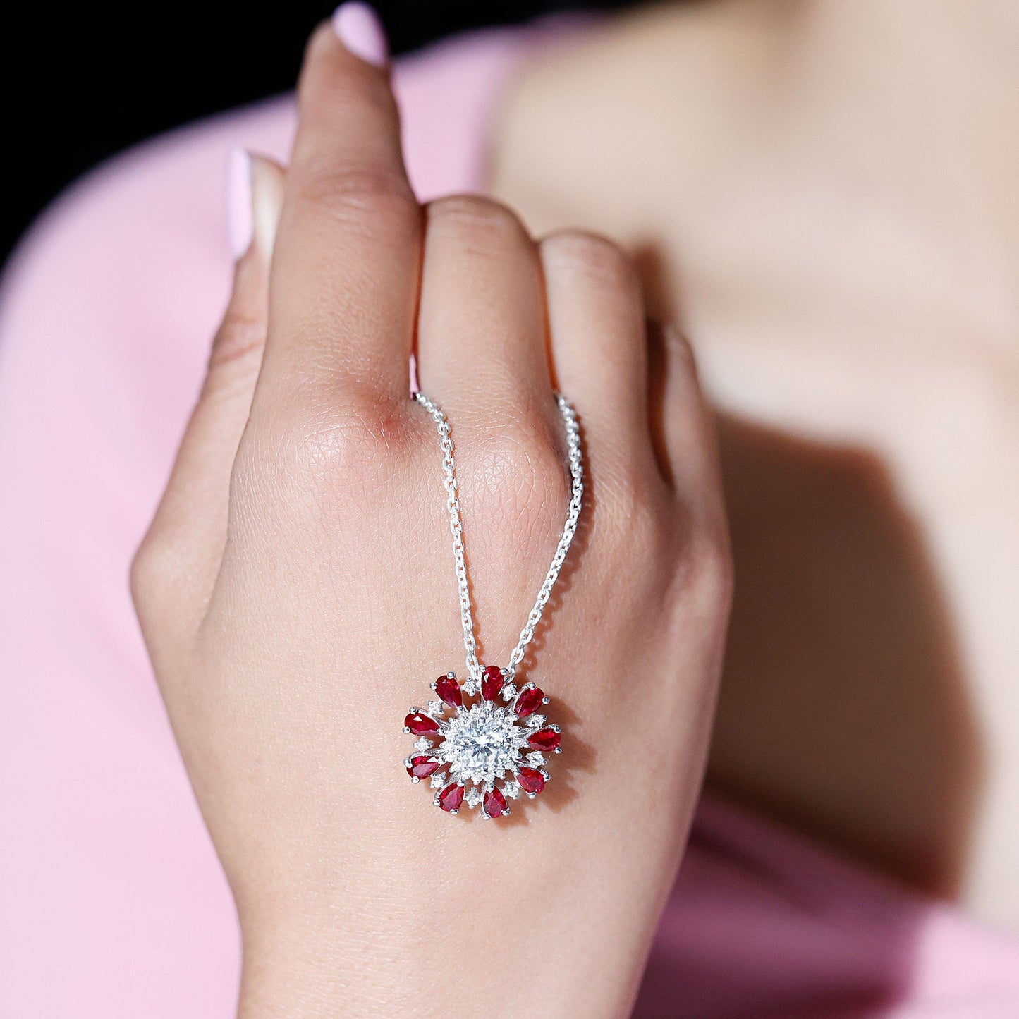 1.2 Carat Lab Grown Diamond Flower Statement Necklace with Ruby