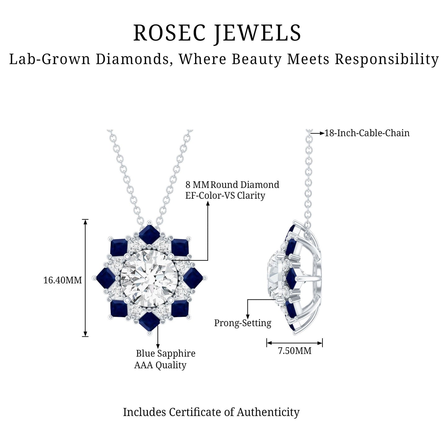 Lab Grown Diamond Art Deco Necklace With Blue Sapphire
