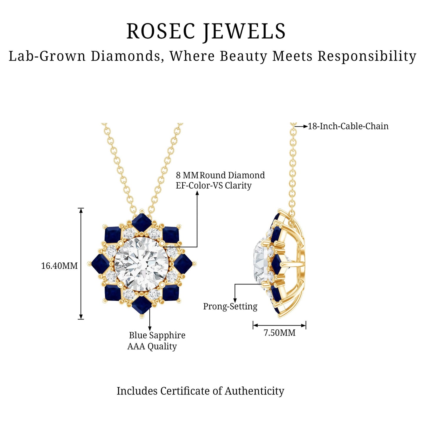 Lab Grown Diamond Art Deco Necklace With Blue Sapphire