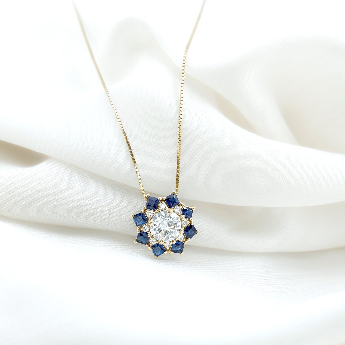 Lab Grown Diamond Art Deco Necklace With Blue Sapphire