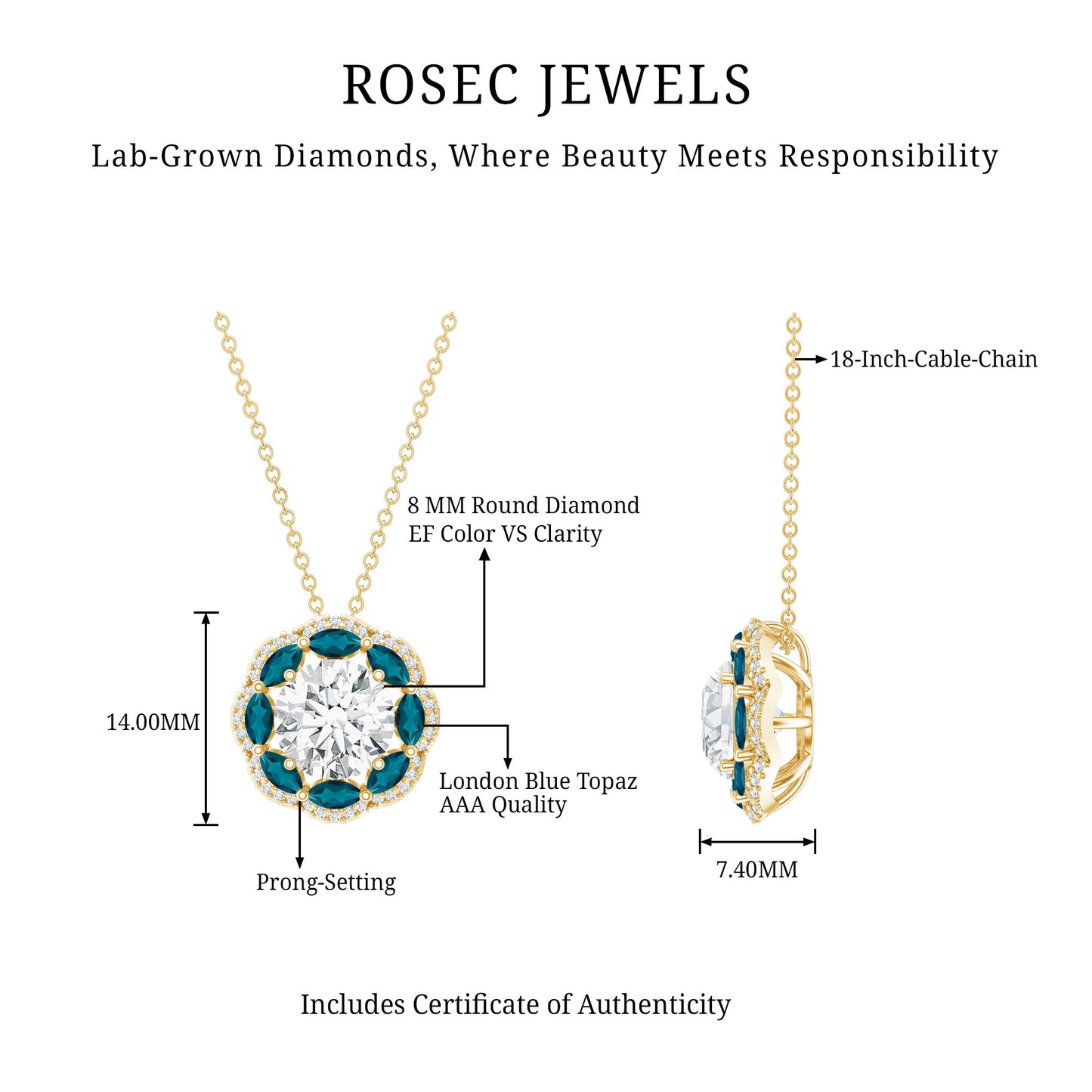 2 Carat Lab Grown Diamond Halo Necklace With London Blue Topaz